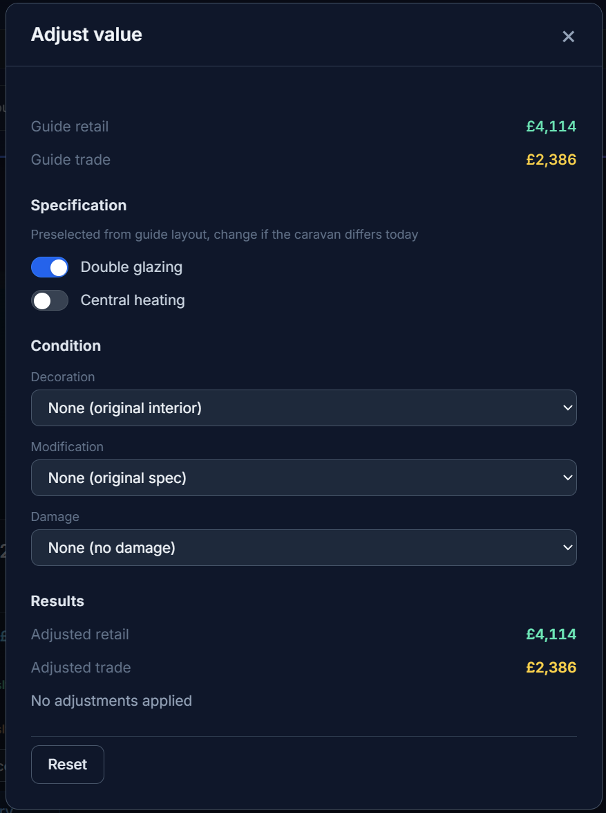 Adjust value controls showing condition and specification options