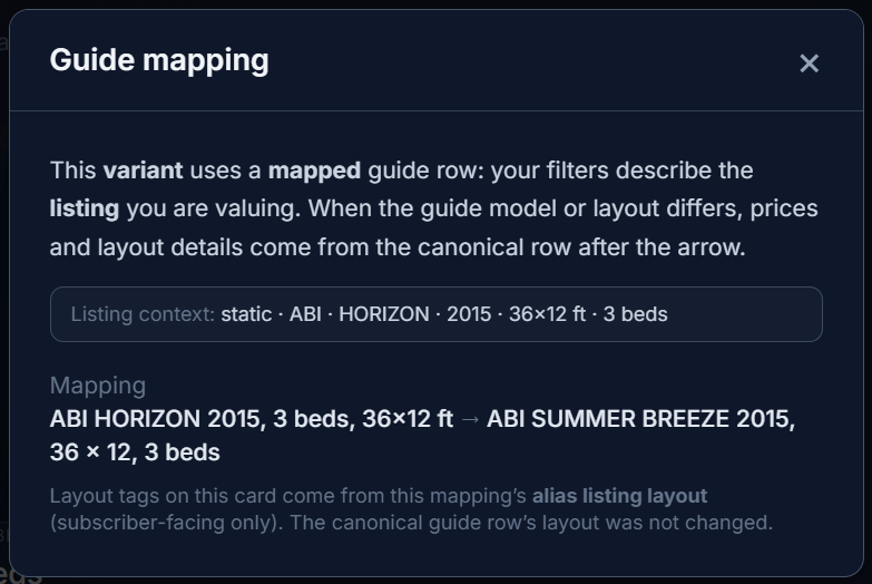 Guide mapping row showing listing to guide correspondence